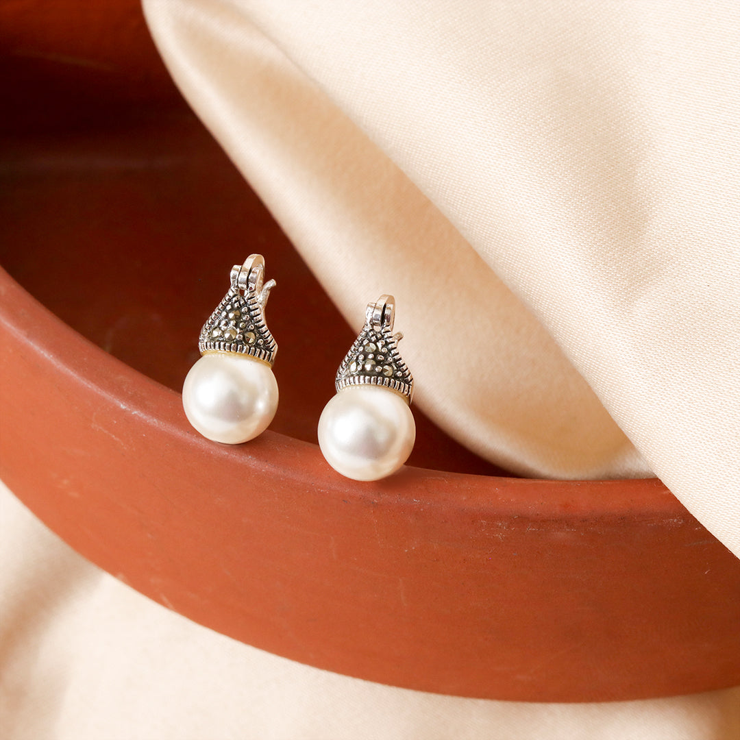 Oxidised Cap Pearl Drop Earrings
