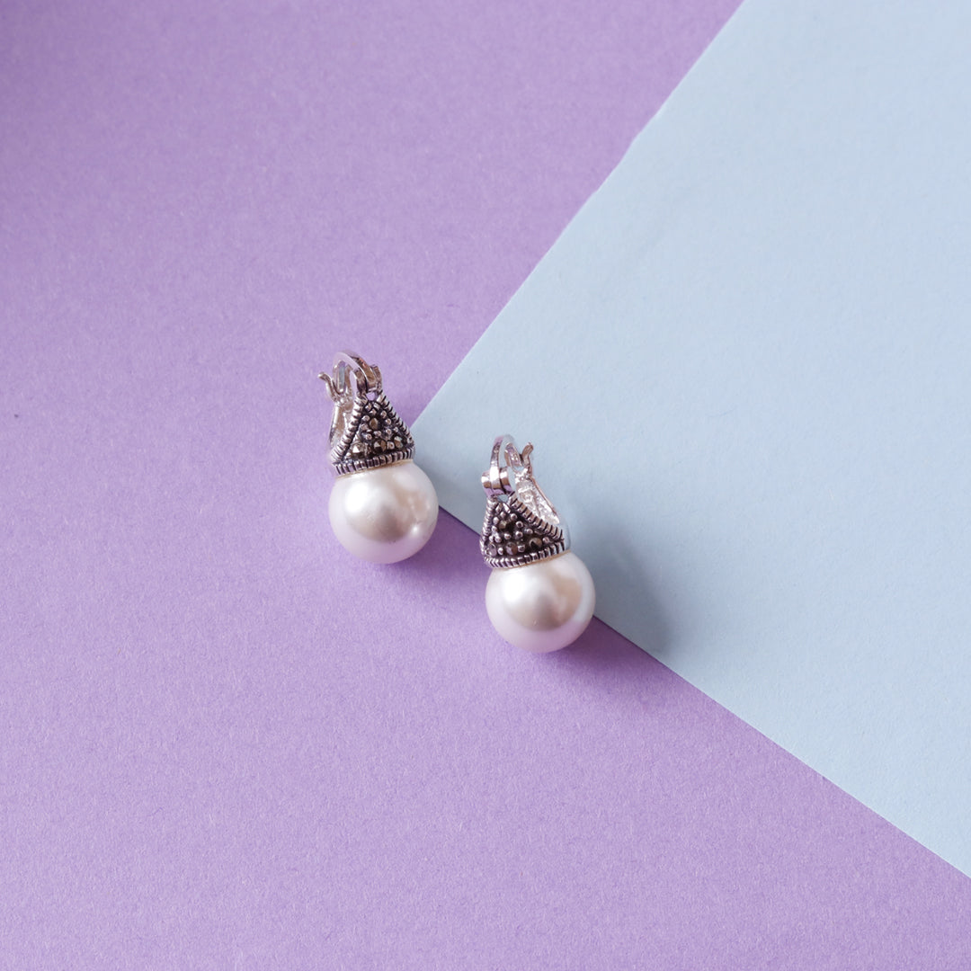 Oxidised Cap Pearl Drop Earrings